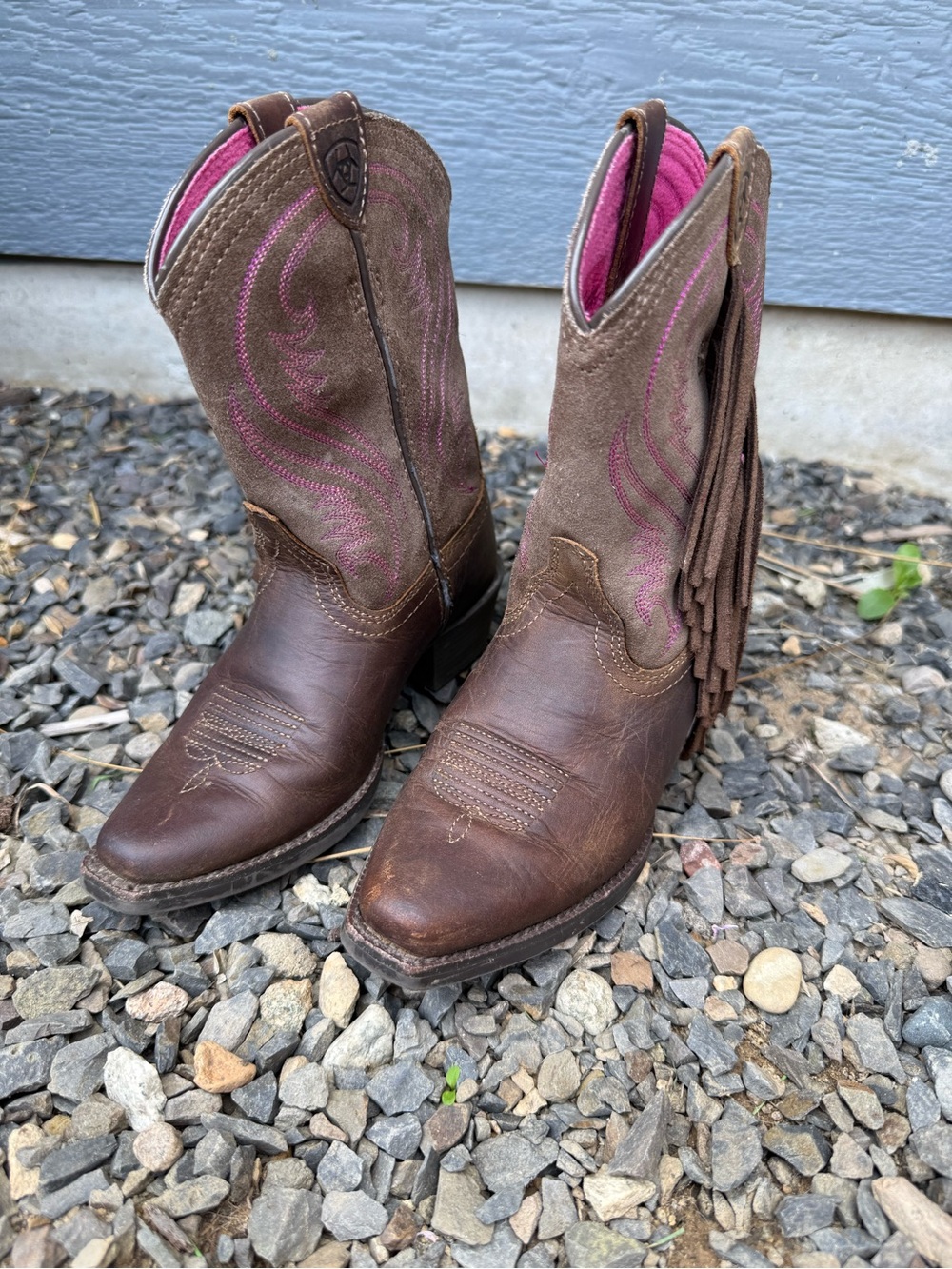 Ariat Girls Size 10 Brown Leather Pink Fringe Western Cowboy Boots